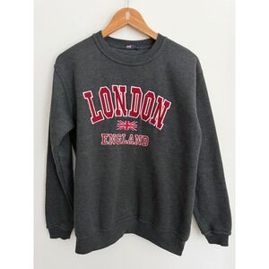 UK Mens London England Embroidered Sweatshirt M Gray Preppy Y2K Travel Pullover